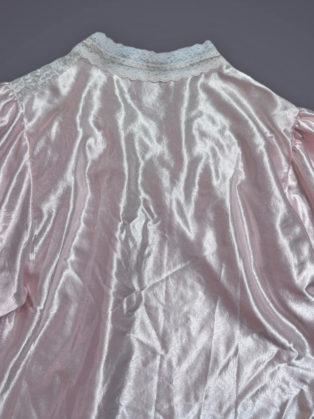 Vintage Soft Pink Satin Full Length Nightgown Lace Trim Poofy Long Sleeves L - Picture 5 of 12
